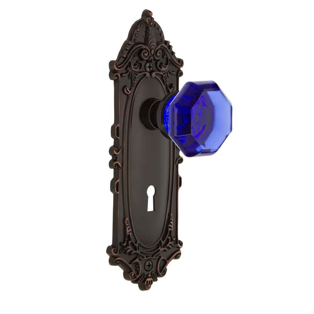 Nostalgic Warehouse VICWAC Colored Crystal Victorian Plate Interior Mortise Waldorf Cobalt Door Knob in Timeless Bronze
